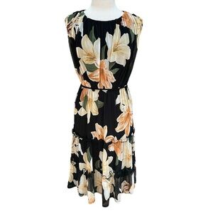 Enfocus Studio Dress Tiered Mesh Black Floral Midi Dress Lightweight Size 8